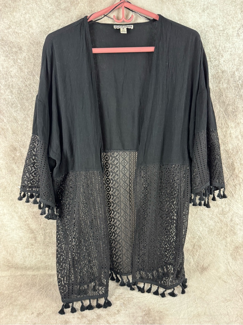 Moral Fiber Black Open-Front Crochet Kimono Cardigan Medium